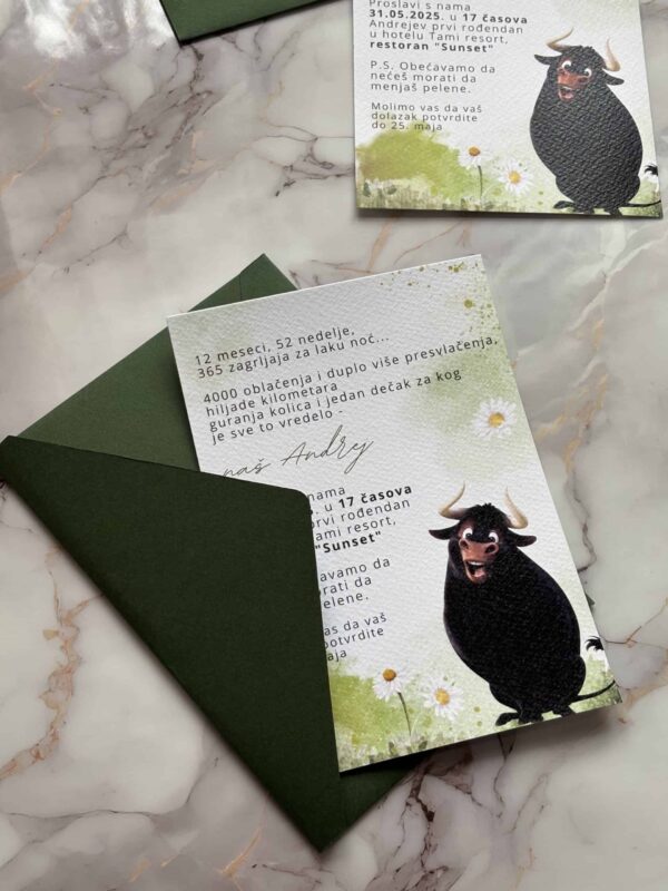 Elegant wedding invitation with a black bull illustration.