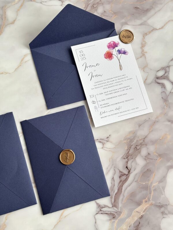 Elegant navy blue wedding invitation with floral design and wax seals, perfect for sophisticated eve.