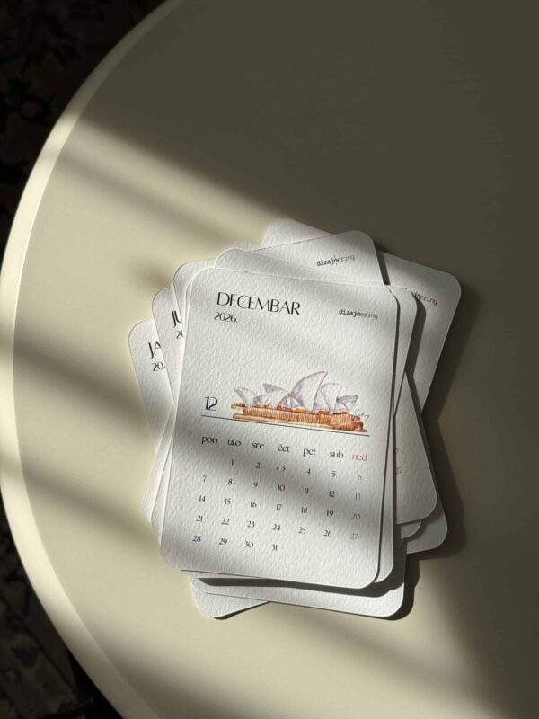 Calendar pages with Sydney Opera House illustration, December 2026, minimalist design.