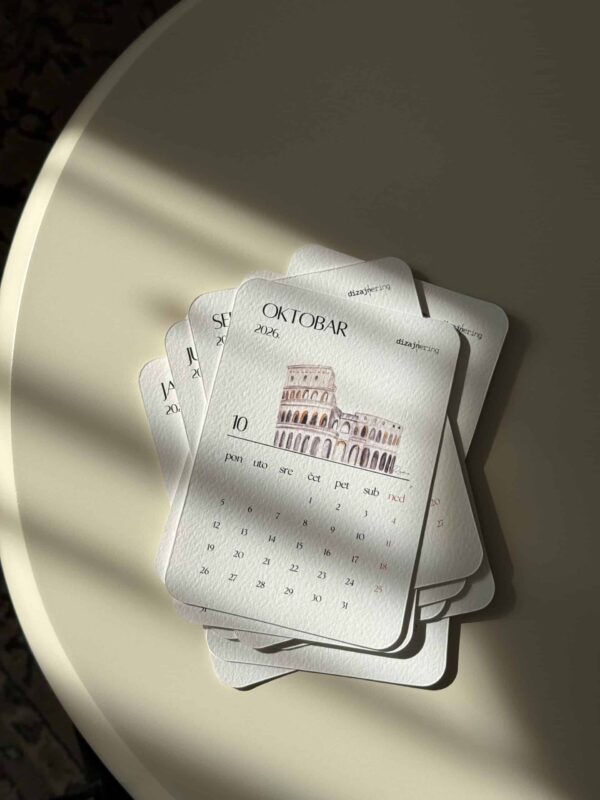 Calendar pages for October 2026 featuring Roman Colosseum watercolor illustration, minimalistic design, ideal for modern home decor.