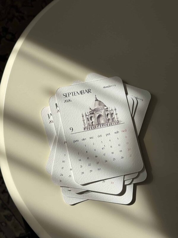 Elegant September 2026 calendar cards featuring iconic architecture, perfect for stylish desk decor and organizational planning.
