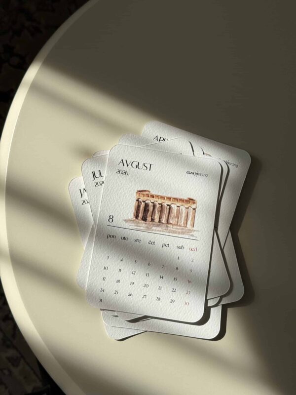 Ancient Greek temple illustration on a decorative calendar page for August 2026.
