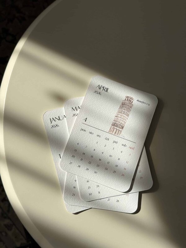 Elegant April 2026 calendar with Leaning Tower of Pisa illustration, ideal for planner design and administrative use.