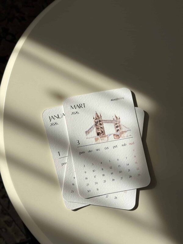 Minimalist calendar cards featuring London Tower Bridge with elegant design and neutral tones.