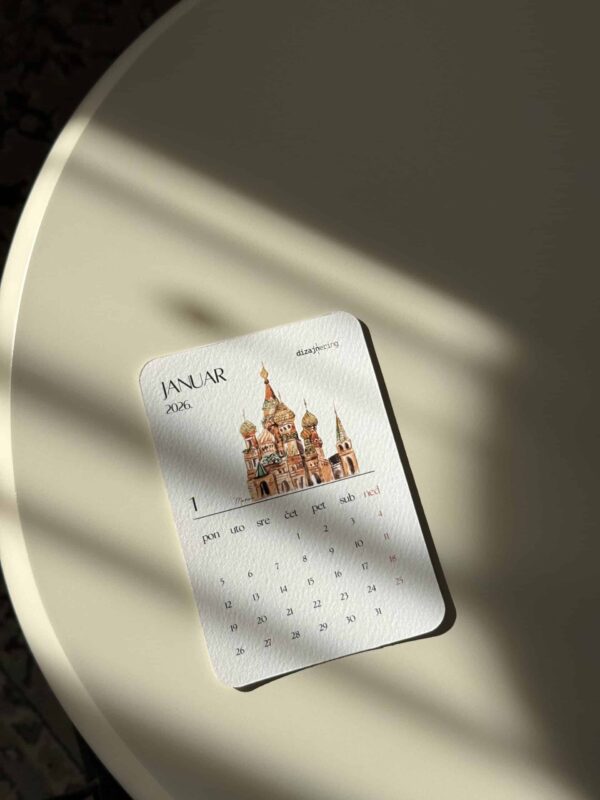 Colorful January 2026 calendar with Saint Basil's Cathedral illustration in warm tones.