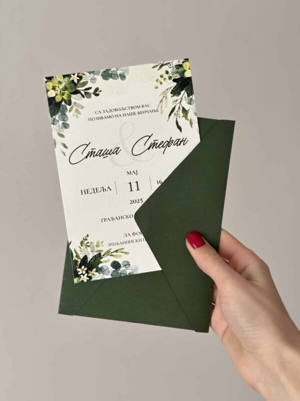 Wedding invitation card with floral accents and personalized details.