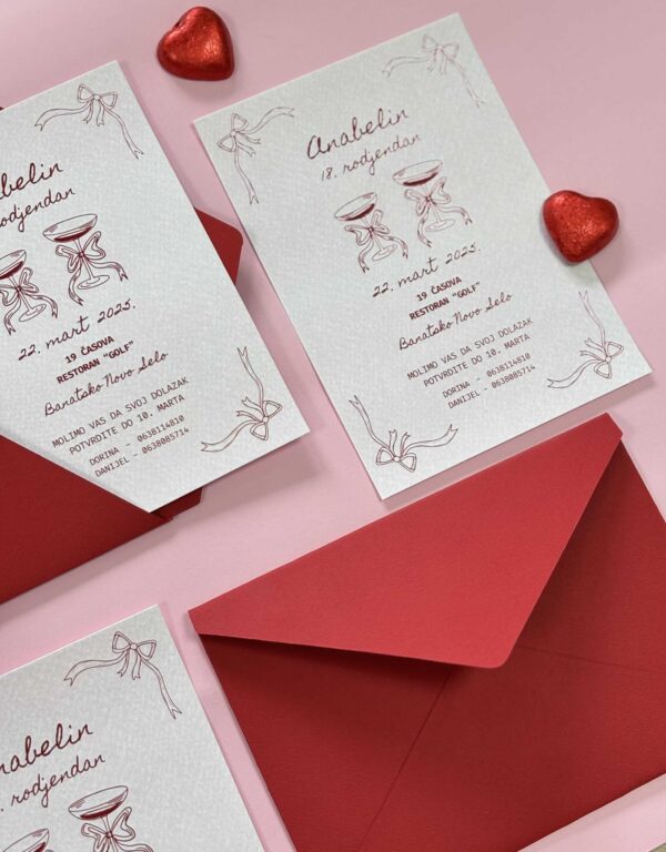 Elegant wedding invitation envelope in red with matching cards.