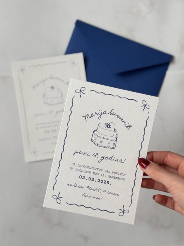 Invitation card with cake illustration and elegant design.