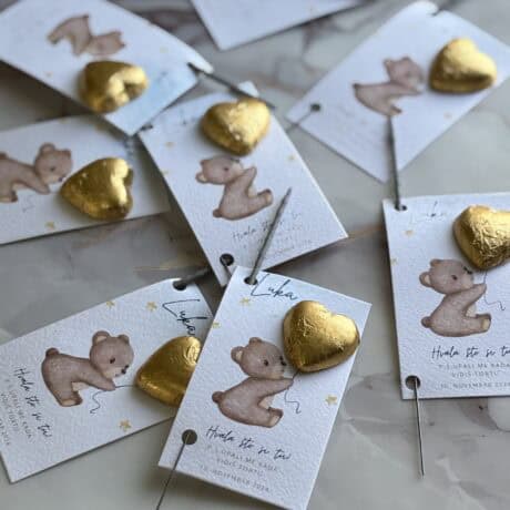 Handmade thank you cards with teddy bear and gold heart accents for Zahvalnica Meda 3.