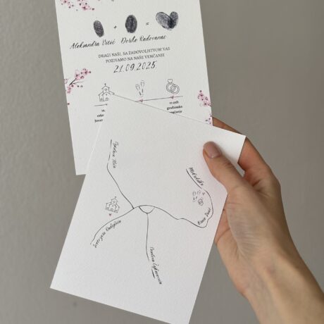Wedding invitation with fingerprint heart design and personalized details.