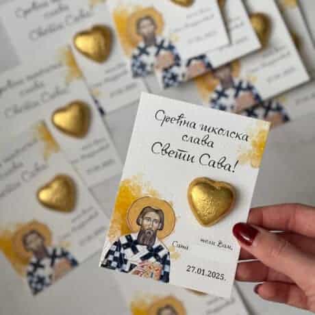 Elegant thank you card featuring Saint Sava with a gold heart embellishment, celebrating Serbian her.