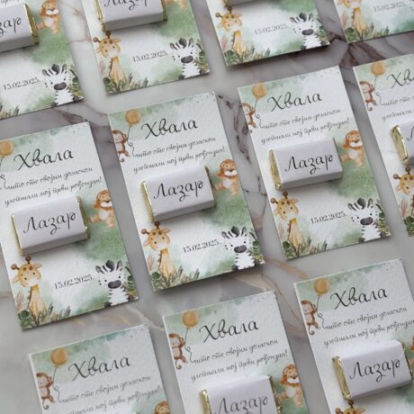 Celebration-themed thank you cards with cute animal illustrations for "Zahvalnica K2" event.