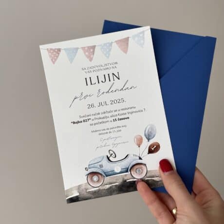 Invitation card featuring a cheerful car illustration for a birthday celebration.