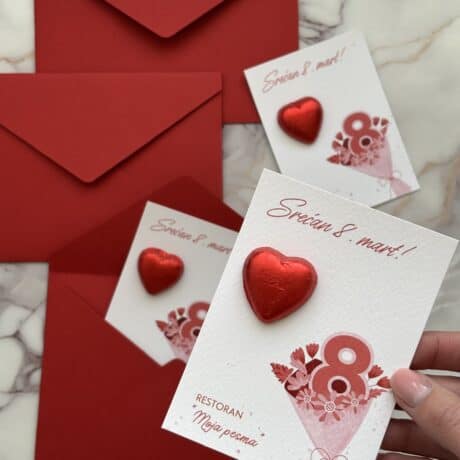 Heartfelt thank you card for International Women's Day, with red envelopes and decorative hearts.
