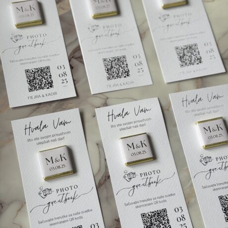 QR code wedding photo booth guestbook cards with date, names, and personalized message for wedding event.