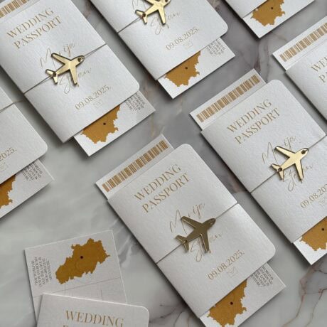 Wedding passport invitation card with airplane charm for Pasoš pozivnica.
