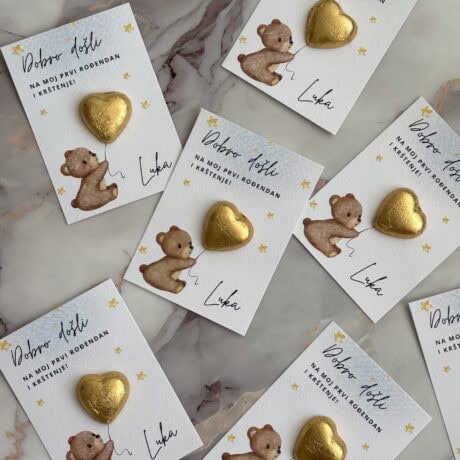 Personalized thank you card with teddy bear and gold heart for Meda S.