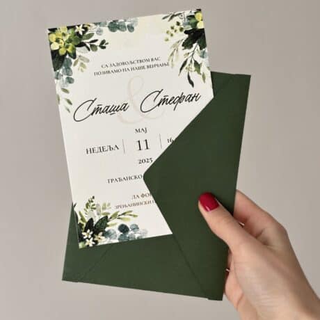 Wedding invitation with green floral design for a nature-inspired wedding.