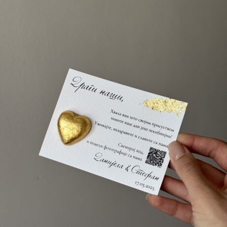 Thank you card with gold heart, personalized message, and decorative gold elements for Zahvalnica S3.