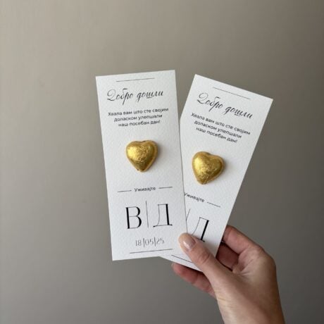 Golden heart-shaped chocolates on personalized greeting cards for special occasions.