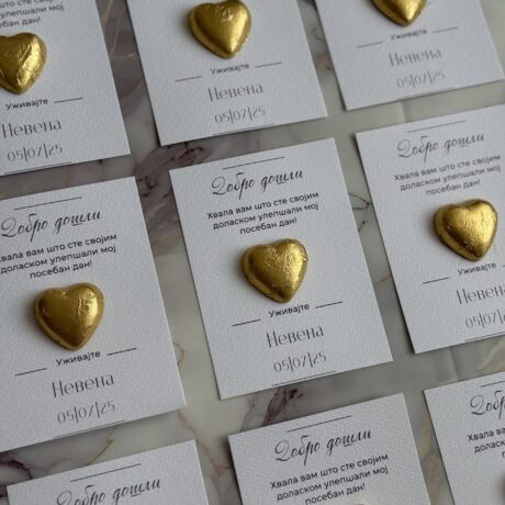 Heart-shaped gold chocolate favor with personalized thank you card for wedding guests.