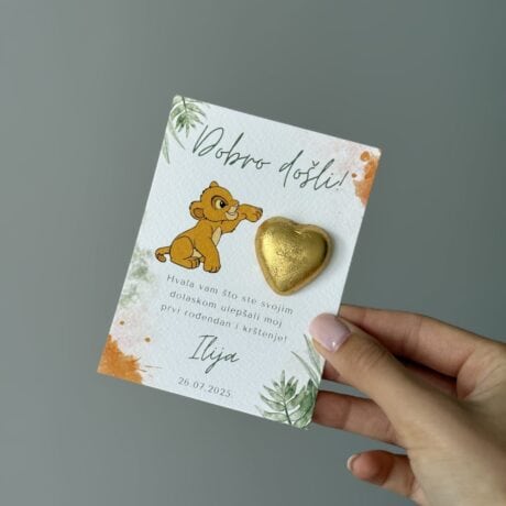 Thank You Card with Lion Illustration and Gold Heart.