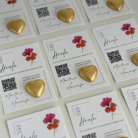Wedding thank you card with pink flower illustration and gold heart embellishment.