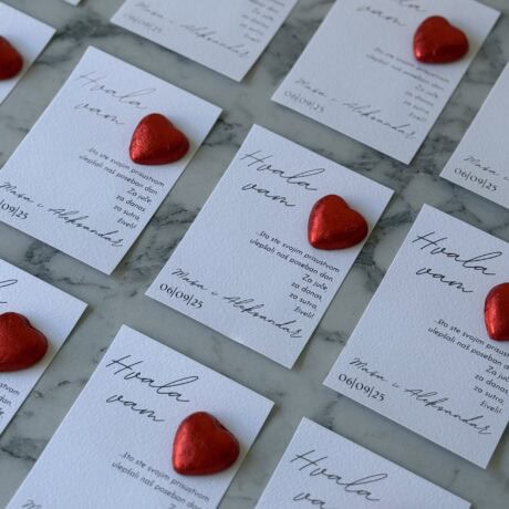 Thank you card with red heart embellishments for Zahvalnica M55 project.