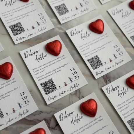 Wedding place cards with red heart decorations for "Zahvalnica-Mali princ" event.