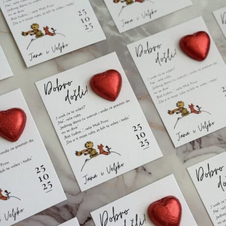 Beautiful thank you card with a teddy bear and heart decoration for Mali Princ 2 event.
