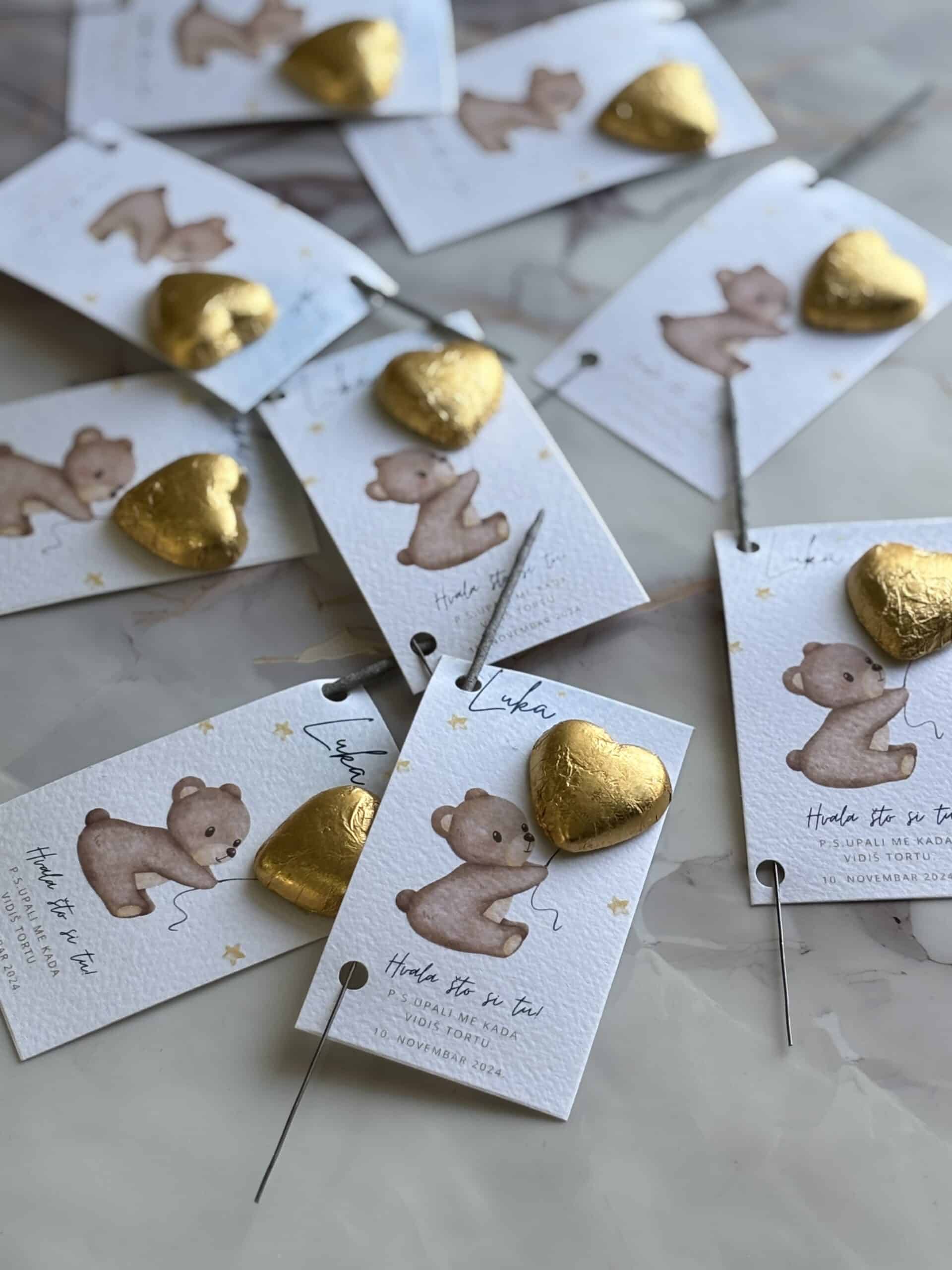 Handmade thank you cards with teddy bear and gold heart accents for Zahvalnica Meda 3.