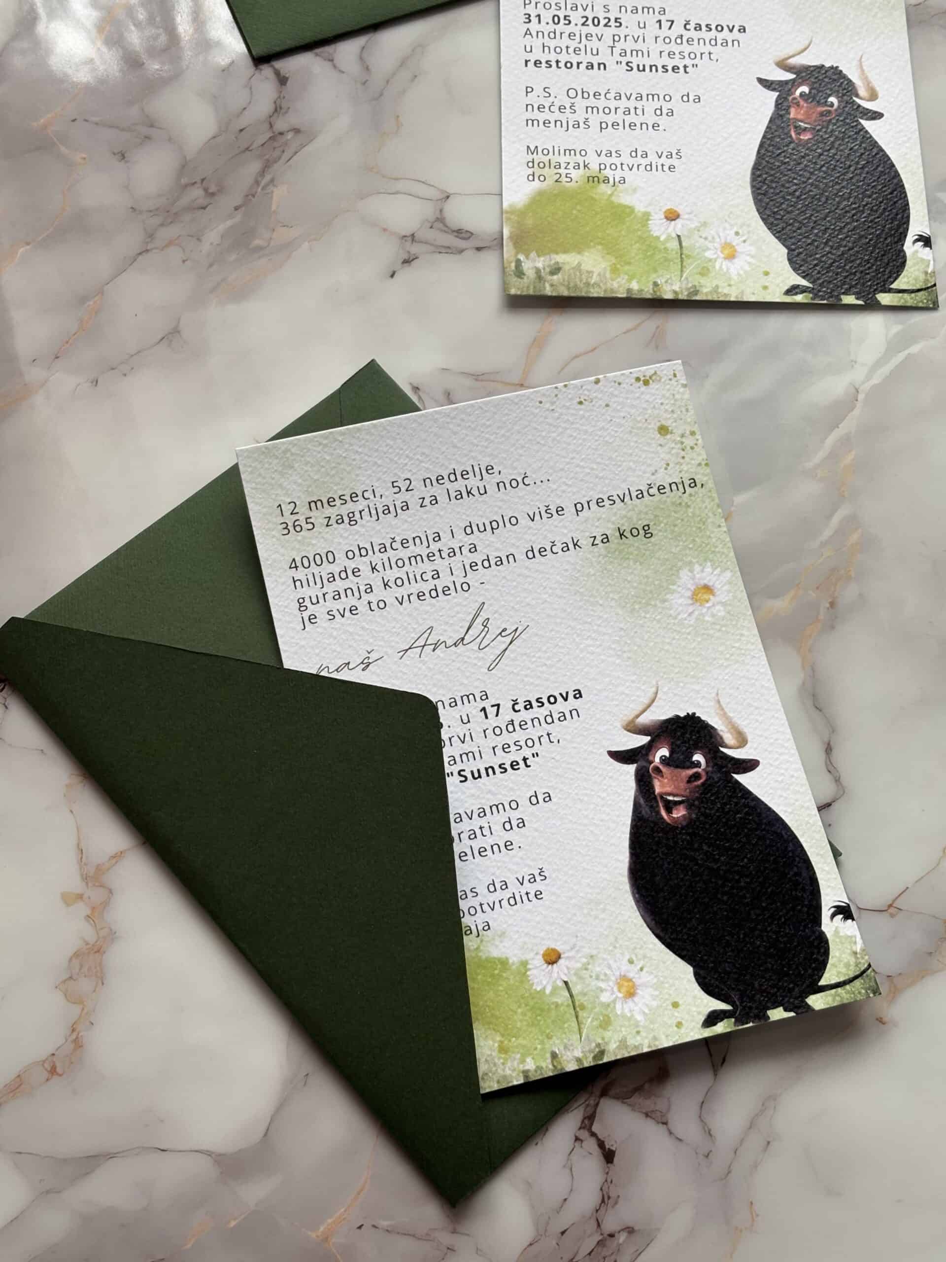 Invitation card with a playful black bull illustration for Ferdinand's birthday celebration.