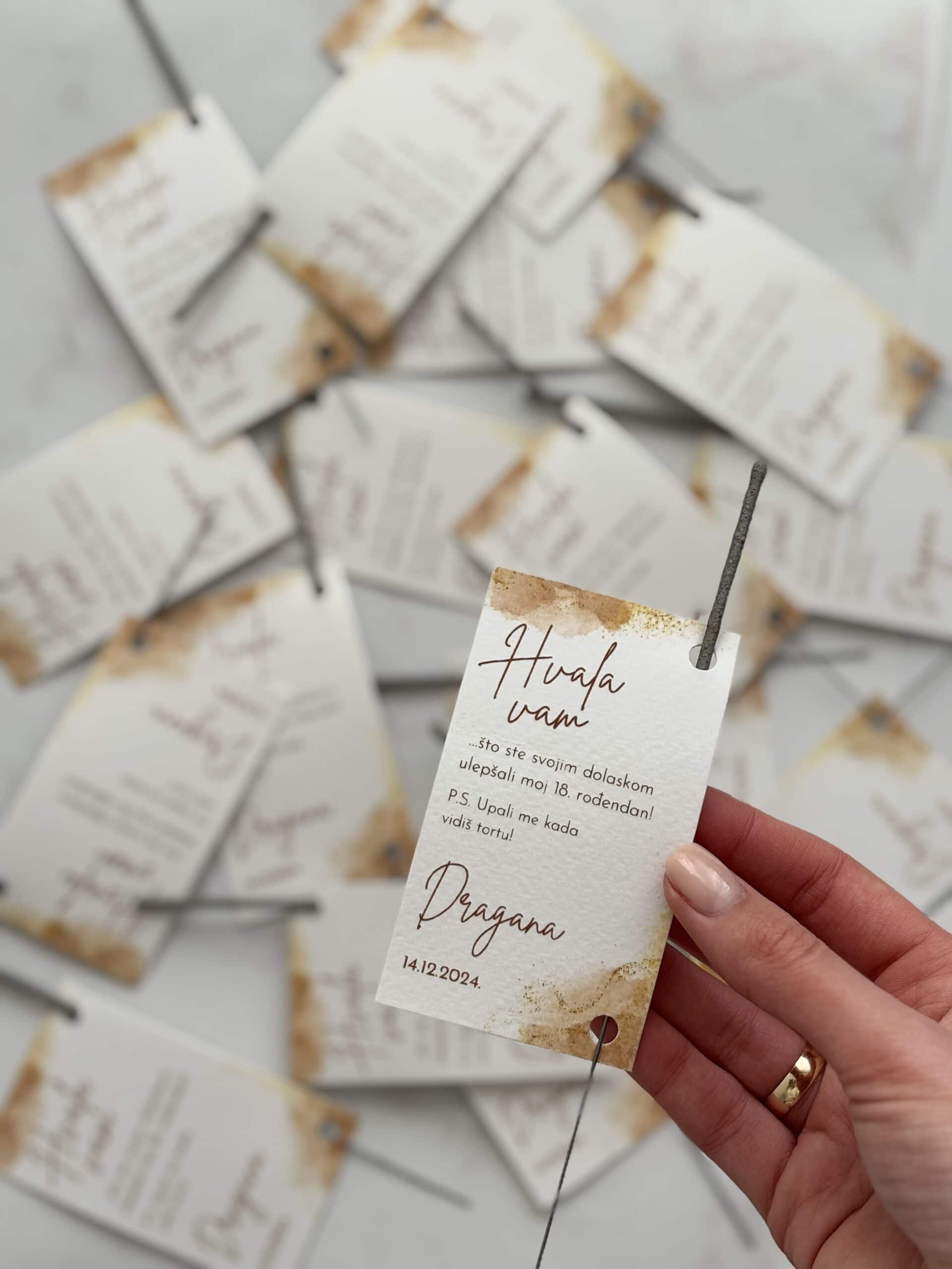 Handmade thank you notes for Zahvalnica P2 event with elegant calligraphy and rustic design.