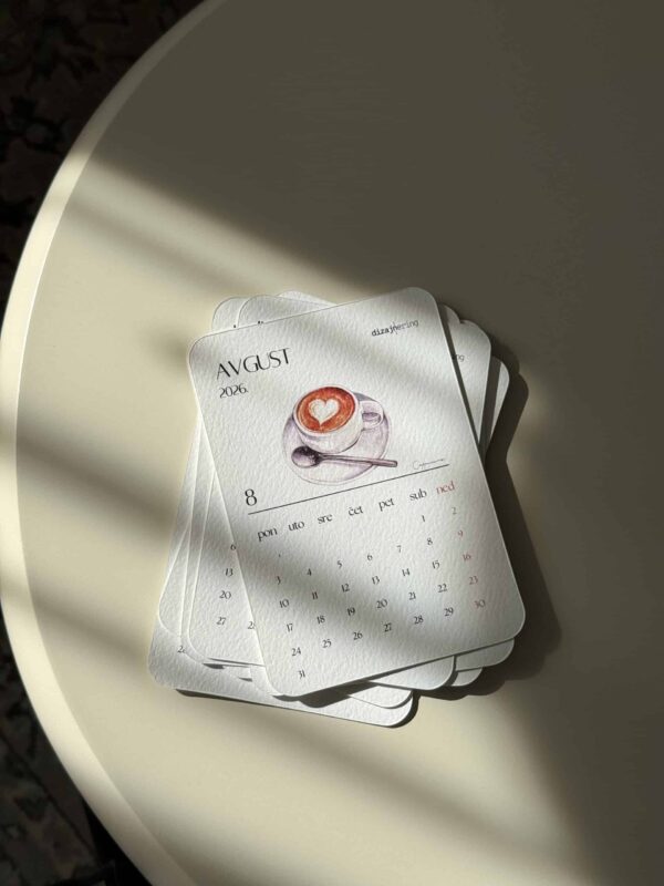 Elegant coffee-themed calendar page for August 2026, featuring a watercolor latte art heart design.