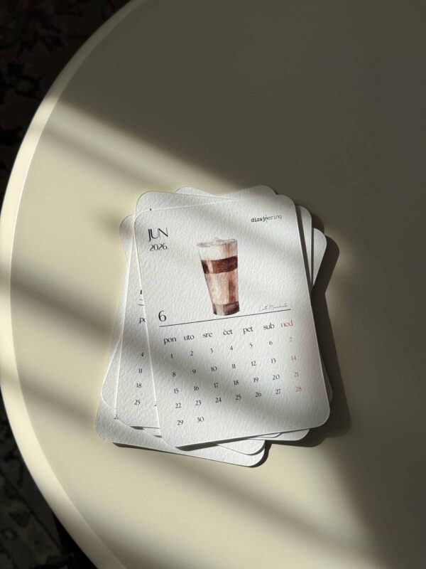 Stylish June 2026 calendar cards with watercolor beverage illustration on textured paper.