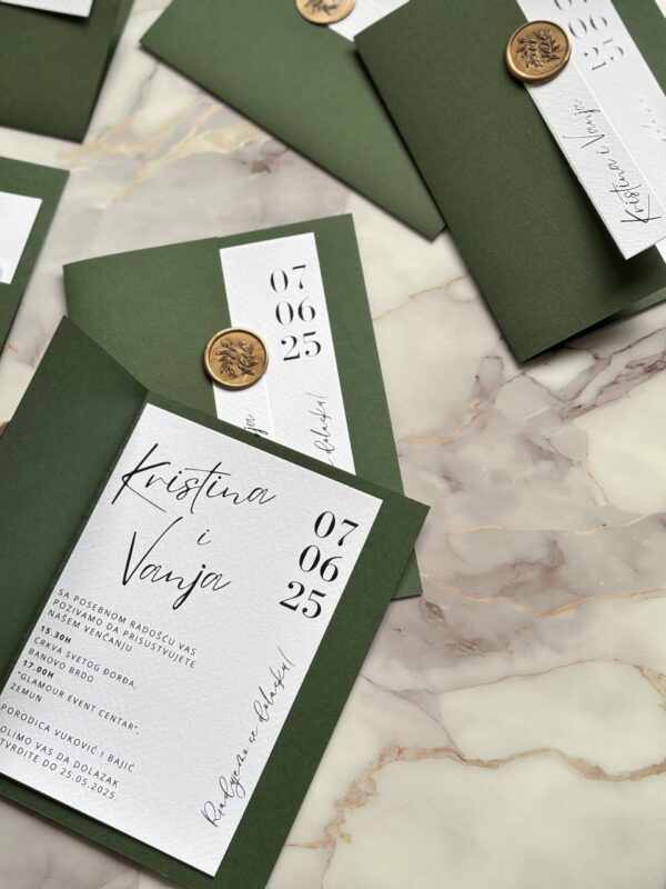 Wedding invitation card with date and names, perfect for a sophisticated event.