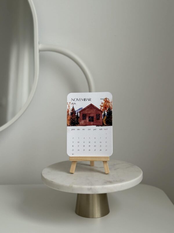 Stylish November 2026 desk calendar on mini Easel, modern interior decor, minimalist aesthetic.