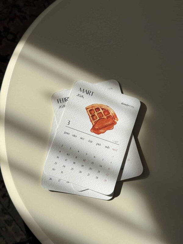 Watercolor waffle themed calendar for March 2026, featuring minimalistic design.