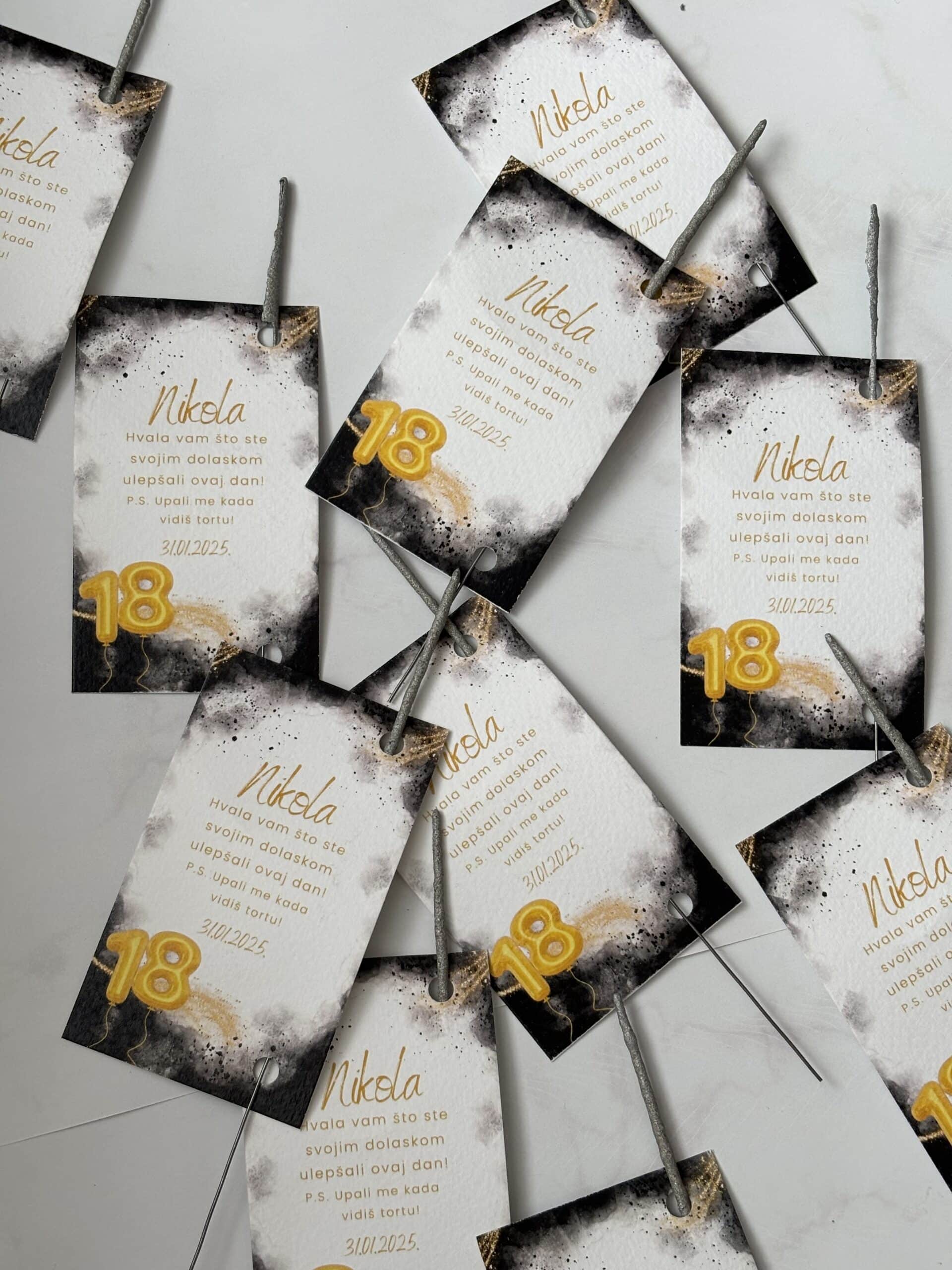 Personalized wedding thank you cards with gold "18" and "Nikola" text for Zahvalnica P3 event.