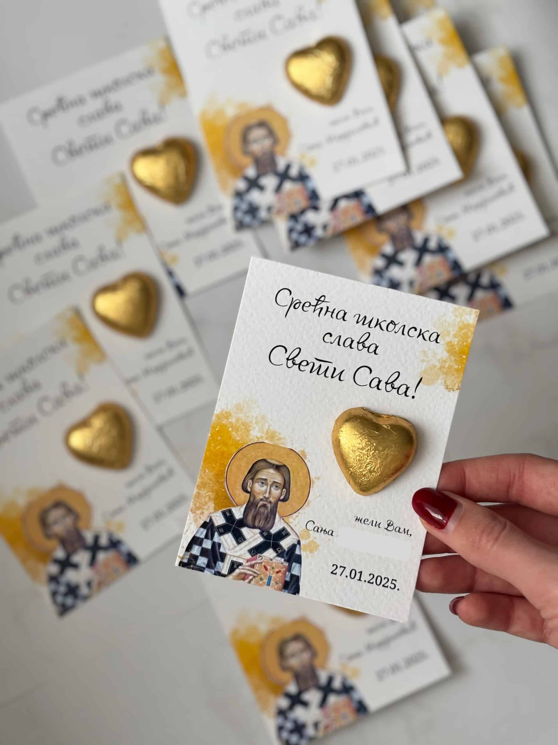 Elegant thank you card featuring Saint Sava with a gold heart embellishment, celebrating Serbian her.