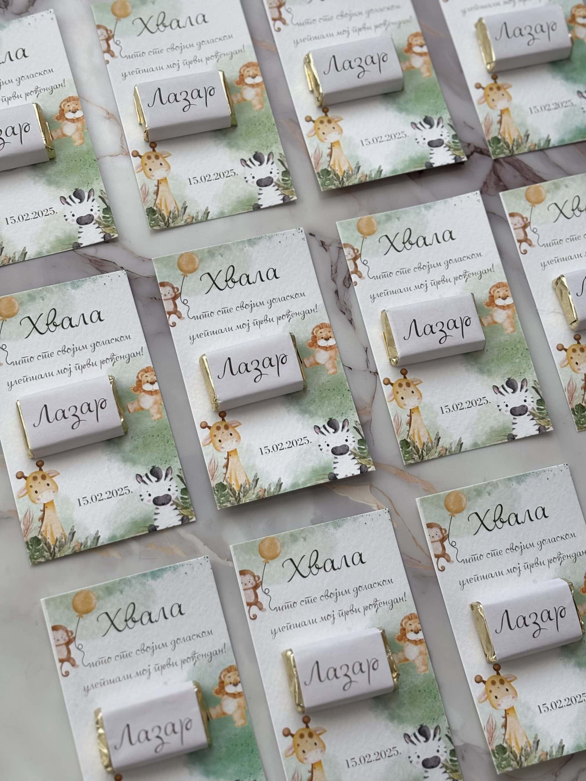 Celebration-themed thank you cards with cute animal illustrations for "Zahvalnica K2" event.