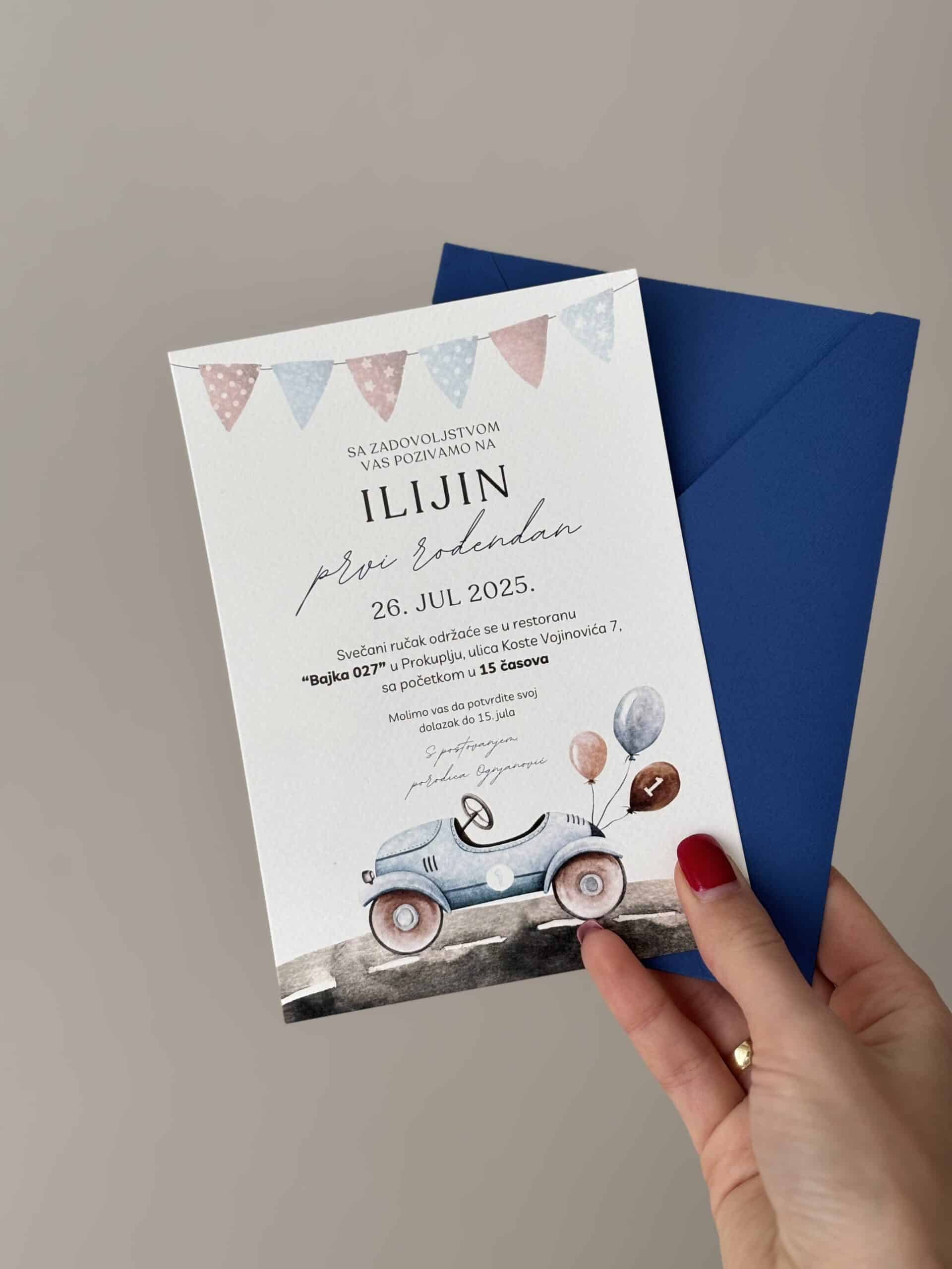 Invitation card featuring a cheerful car illustration for a birthday celebration.
