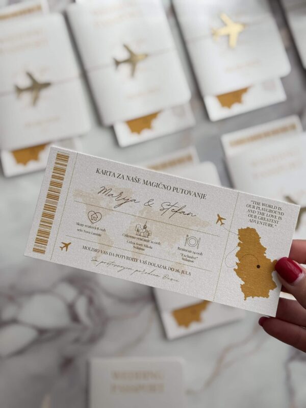 Travel passport invitation card with airplane icons and map design for special journeys.