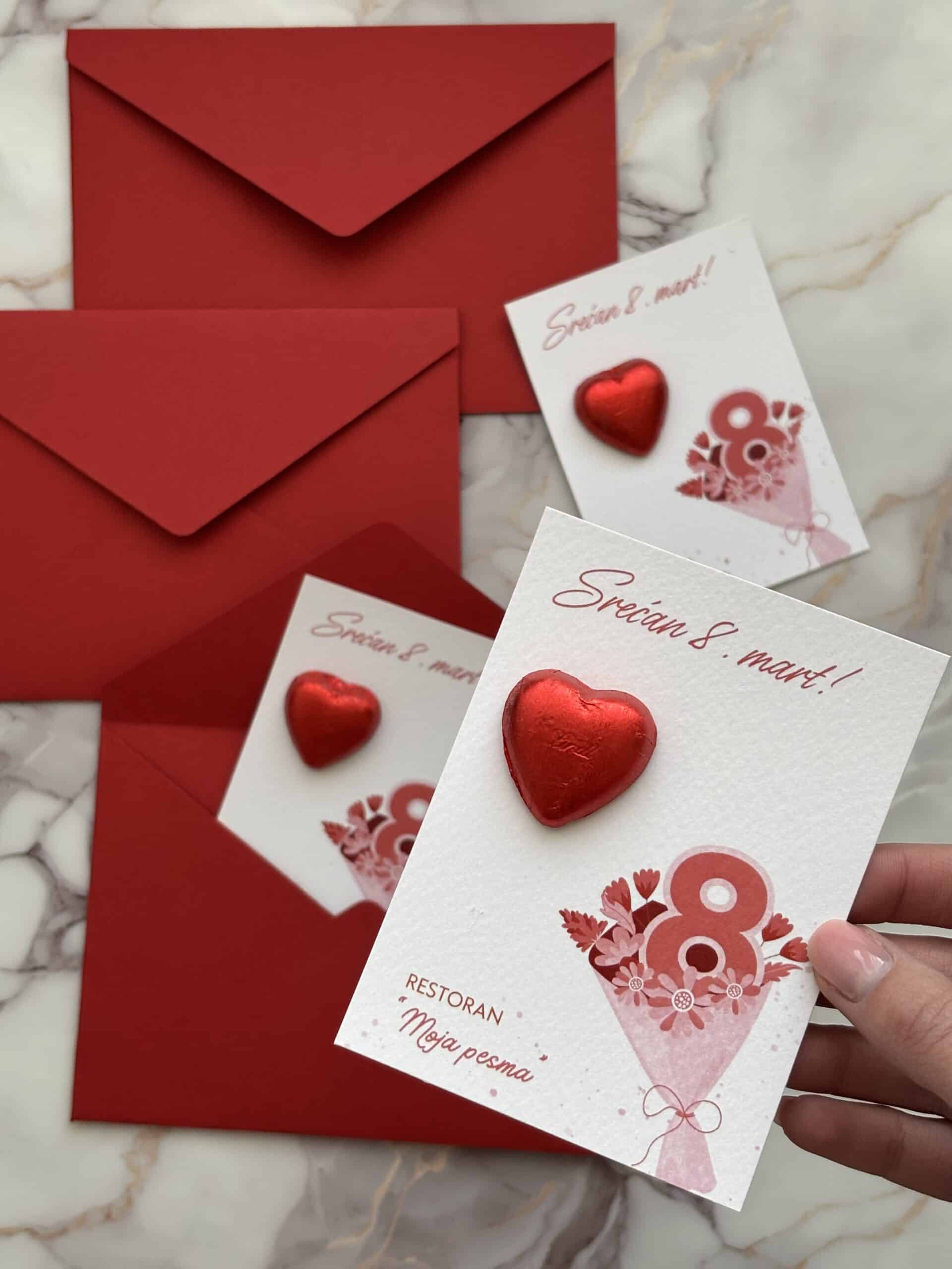 Heartfelt thank you card for International Women's Day, with red envelopes and decorative hearts.