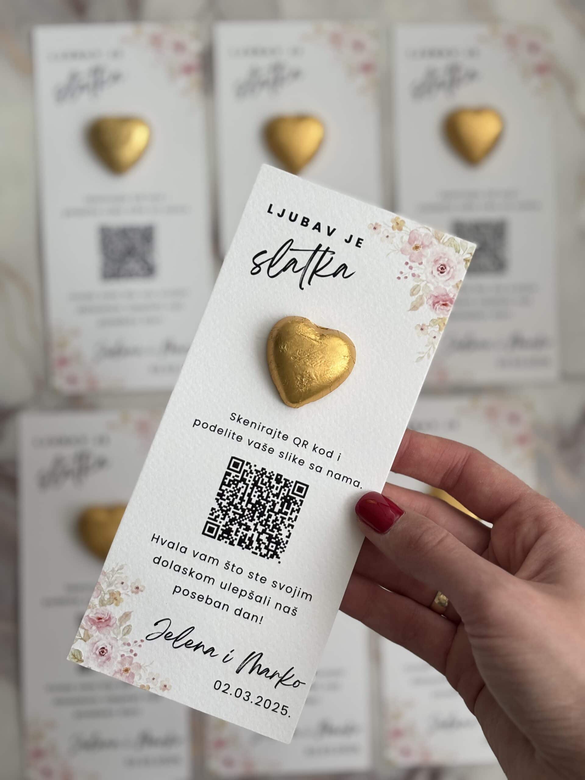 Golden heart-shaped gift tag with floral design, celebrating love and sweetness.