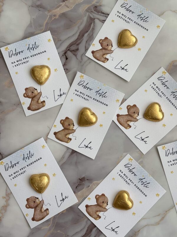 Personalized thank you card with teddy bear and gold heart for Meda S.