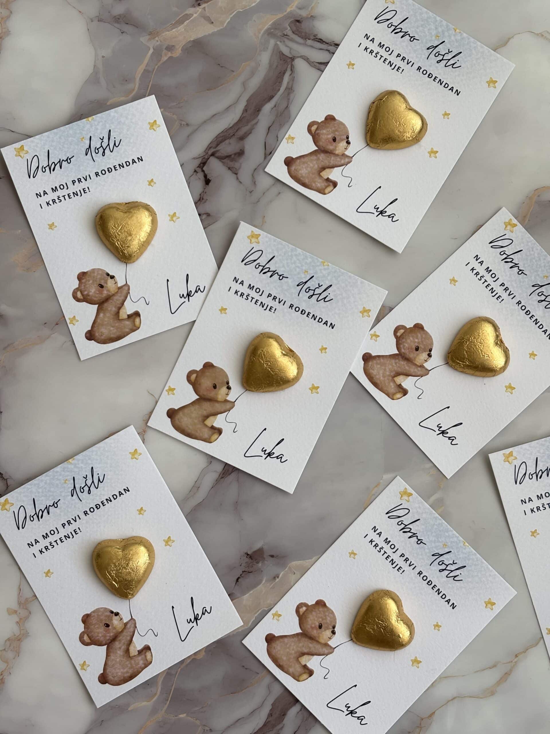 Personalized thank you card with teddy bear and gold heart for Meda S.