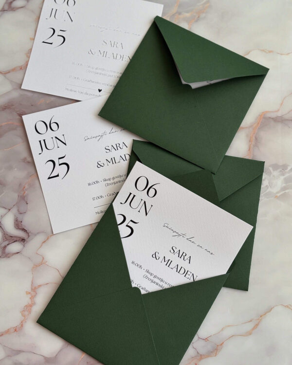 Dark green wedding invitation envelope for 14.5x14.5 cm cards.