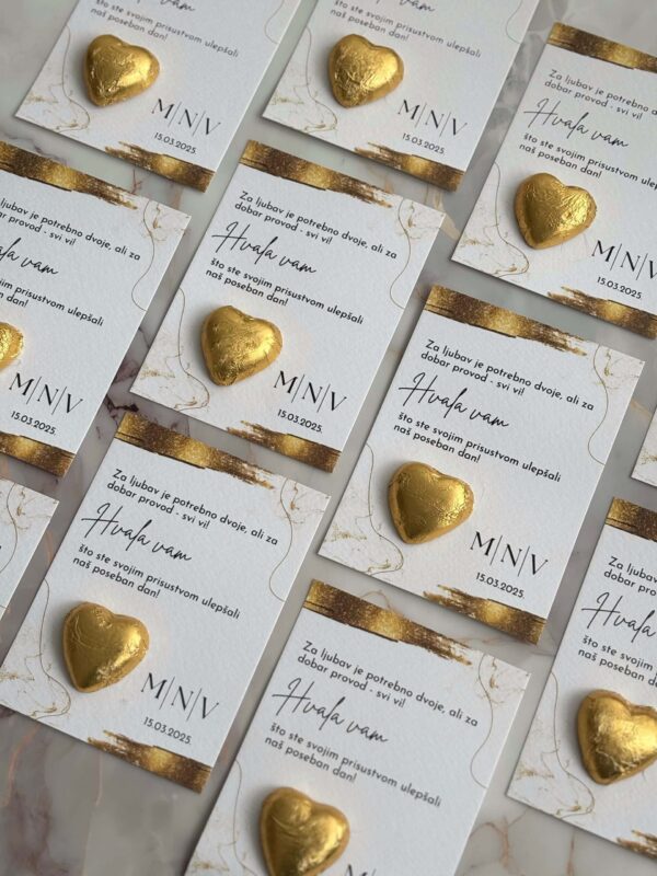 Golden heart-shaped thank you gift on a personalized card for appreciation and gratitude.