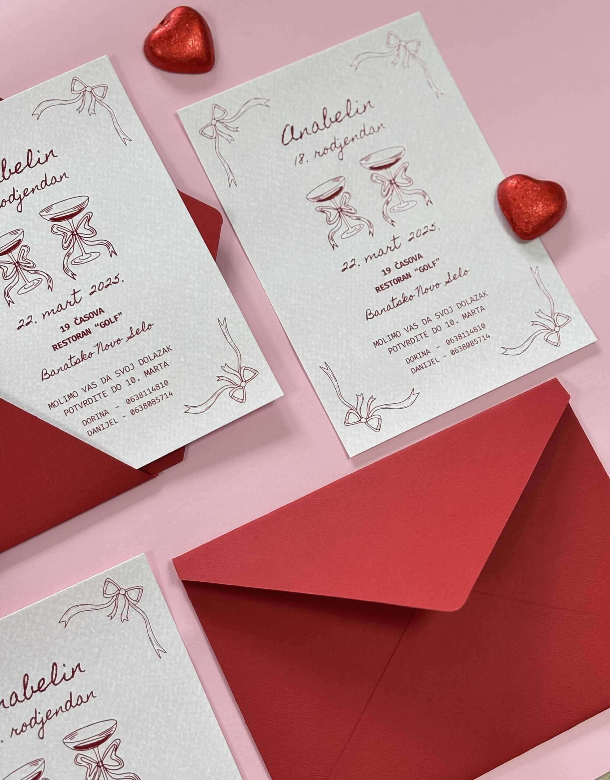 Birthday invitation card for a 13th birthday with red ribbon illustrations.